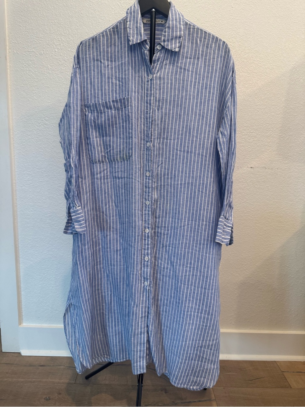 Zara Light Blue and White Striped Button-Down Shirt Dress